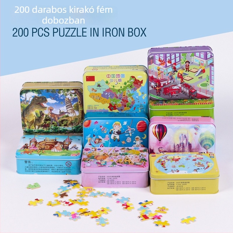 Fából készült repülőgép-puzzle fémdobozos csomagolással; testreszabás rendelésre (logó); 4–6 éves gyermekeknek ajánlott