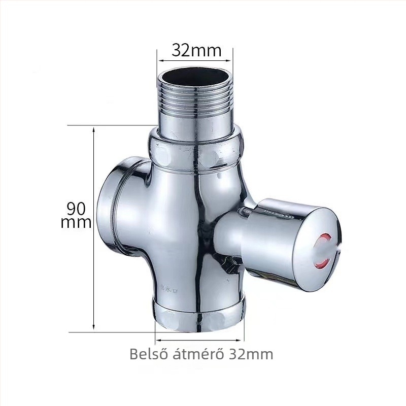 Kézi nyomású négyutas WC-öblítő szelep késleltetett záródással; réz-zink ötvözetből; 6 bar nyomás; 3–5 s öblítés