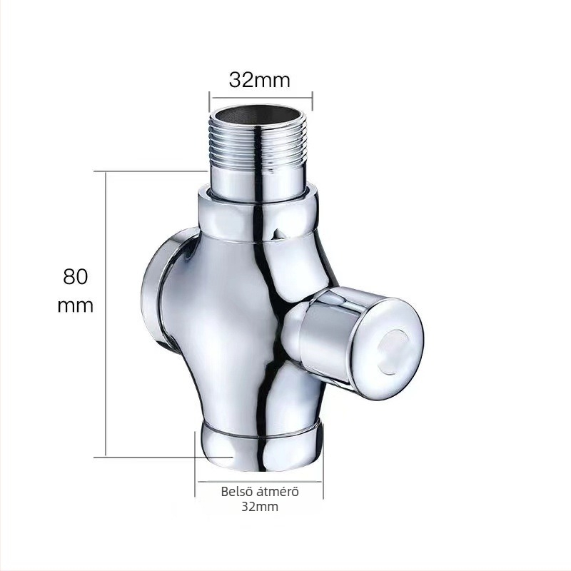 Kézi nyomású négyutas WC-öblítő szelep késleltetett záródással; réz-zink ötvözetből; 6 bar nyomás; 3–5 s öblítés