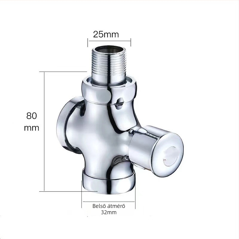 Kézi nyomású négyutas WC-öblítő szelep késleltetett záródással; réz-zink ötvözetből; 6 bar nyomás; 3–5 s öblítés