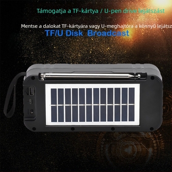 Napelemes töltésű Bluetooth hangszóró beépített akkumulátorral – 5W, Bluetooth 5.3, 1200–2000mAh, 100 Hz–20 kHz, 10 m hatótáv