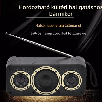 Napelemes töltésű Bluetooth hangszóró beépített akkumulátorral – 5W, Bluetooth 5.3, 1200–2000mAh, 100 Hz–20 kHz, 10 m hatótáv
