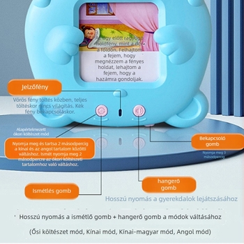 Gyermekek számára tervezett oktatási tanuló készülék, kétnyelvű kártyaolvasó dalokkal és versekkel, újratölthető Li-ion akkumulátor, memória akár 1GB-ig