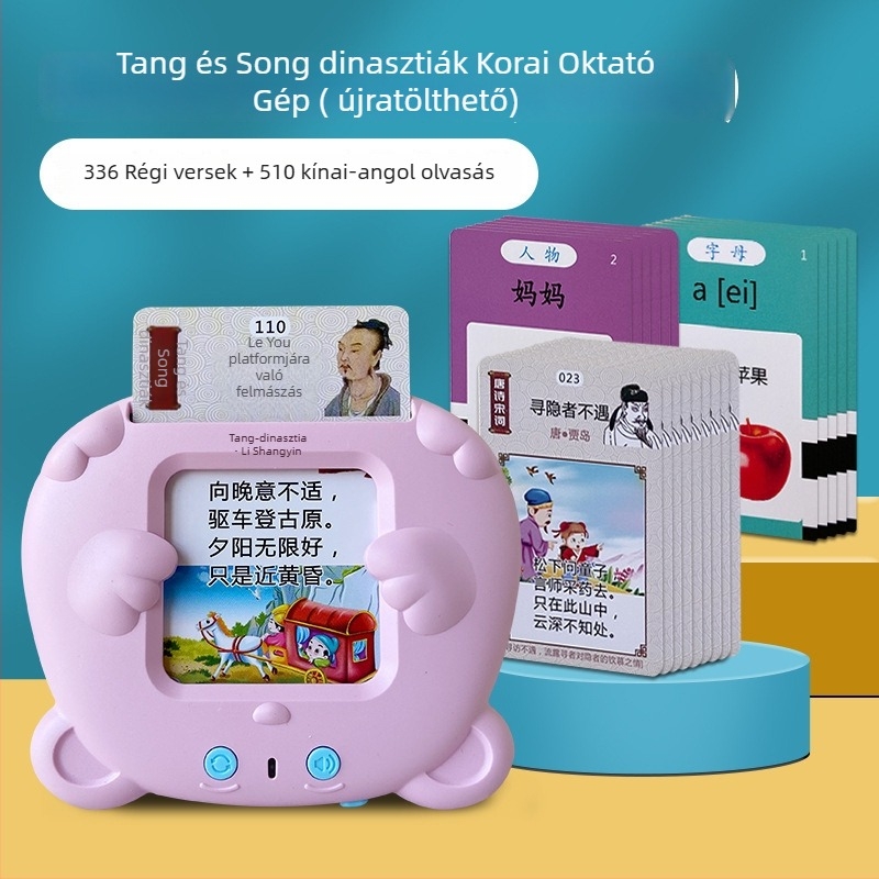 Gyermekek számára tervezett oktatási tanuló készülék, kétnyelvű kártyaolvasó dalokkal és versekkel, újratölthető Li-ion akkumulátor, memória akár 1GB-ig