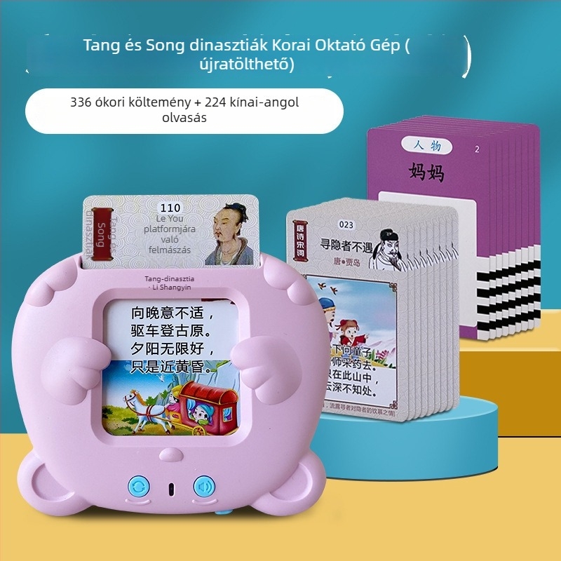 Gyermekek számára tervezett oktatási tanuló készülék, kétnyelvű kártyaolvasó dalokkal és versekkel, újratölthető Li-ion akkumulátor, memória akár 1GB-ig