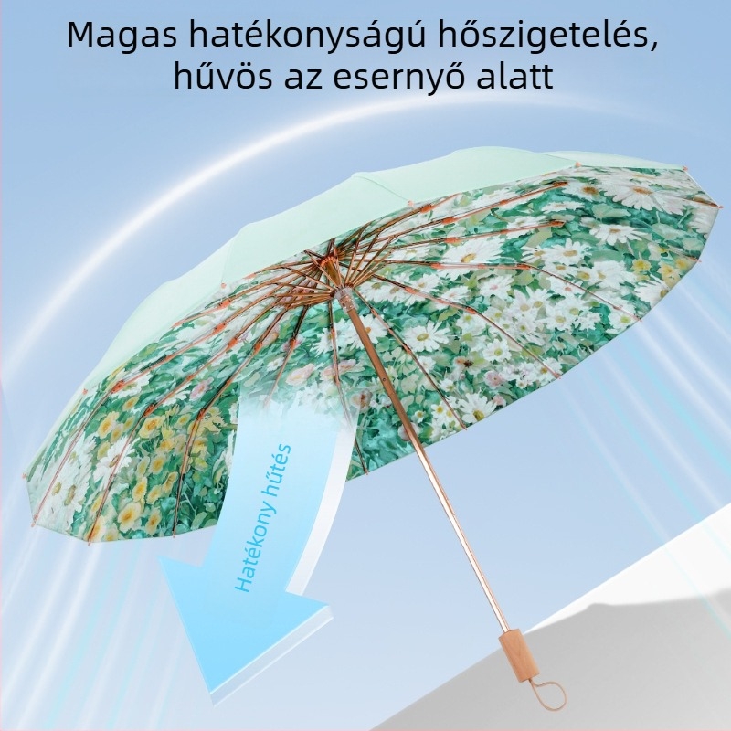 16‑ágú összecsukható UV‑védelmes esernyő, szél- és esőálló, kézi nyitás/zárás, fa nyél, testreszabható