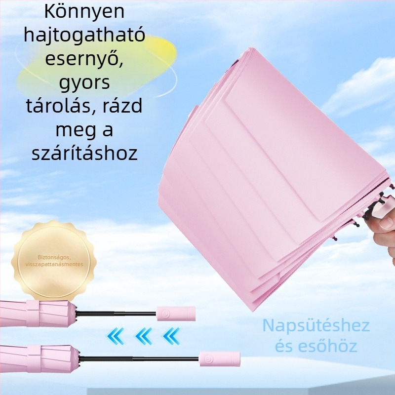 Iskolai diákoknak szánt automata összecsukható esernyő esőre vagy napsütésre, 8 acélbordás keret, tri-fold kialakítás, automata nyitás/zárás, UPF>50, könnyen hordozható