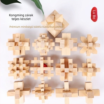 Fából készült Kongming/Luban zár – oktató logikai puzzle 4–6 éves gyerekeknek, testreszabható rajzok, bliszteres csomagolás