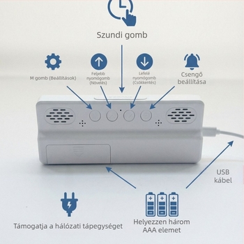 Nappaliba szánt LED kijelzős ébresztőóra, hőmérő, naptár, éjszakai fény és csendes működés