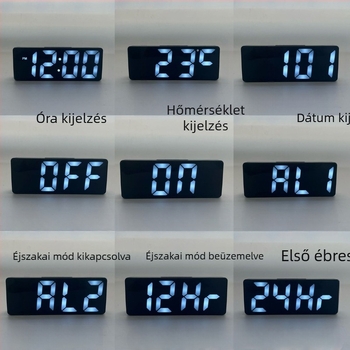 Nappaliba szánt LED kijelzős ébresztőóra, hőmérő, naptár, éjszakai fény és csendes működés