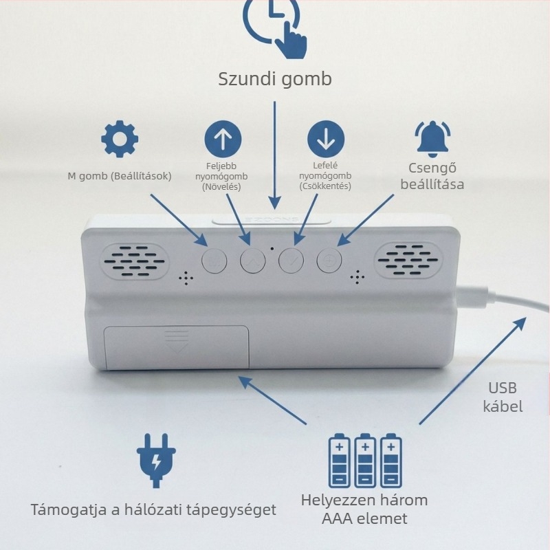 Nappaliba szánt LED kijelzős ébresztőóra, hőmérő, naptár, éjszakai fény és csendes működés
