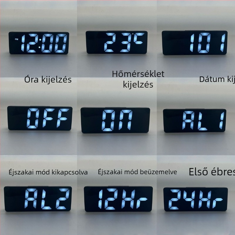 Nappaliba szánt LED kijelzős ébresztőóra, hőmérő, naptár, éjszakai fény és csendes működés