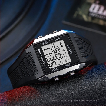 Négyszögletes digitális karóra kültéri időméréshez, ébresztő és dátum, 39 mm tárcsa, 10 m vízállóság