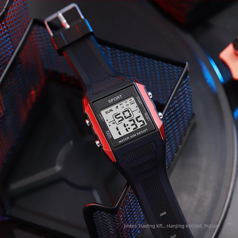 Négyszögletes digitális karóra kültéri időméréshez, ébresztő és dátum, 39 mm tárcsa, 10 m vízállóság
