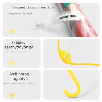 Gyerekeknek készülő átlátszó esernyő kartun-stílusban, hosszú görbített nyele, PVC borítással, 6 bordával, acél tengellyel és műanyag nyéllel