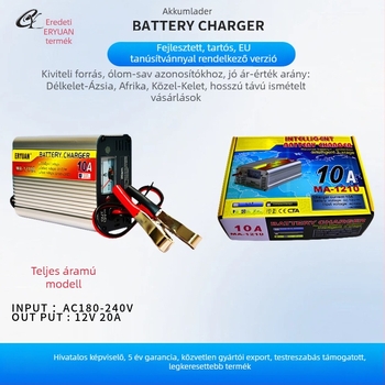 12V-os autóakkumulátor töltő, 10A/20A/30A, 14.5–14.8V kimenet, 110–240V AC bemenet, CE tanúsított, LiFePO4 kompatibilis