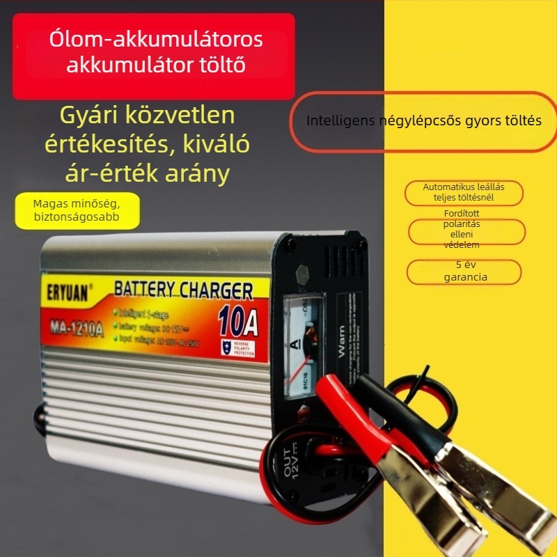 12V-os autóakkumulátor töltő, 10A/20A/30A, 14.5–14.8V kimenet, 110–240V AC bemenet, CE tanúsított, LiFePO4 kompatibilis