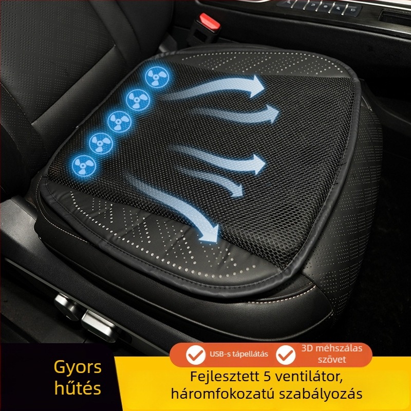 Autóülés párna nyárra, szellőzés és hűtés, USB ventilátor, Ice Silk felület