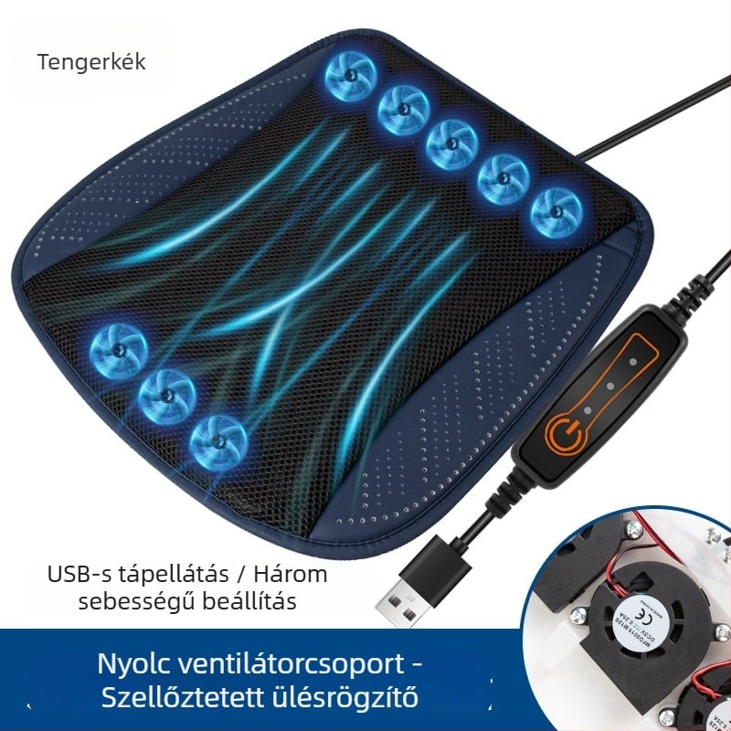 Autóülés párna nyárra, szellőzés és hűtés, USB ventilátor, Ice Silk felület