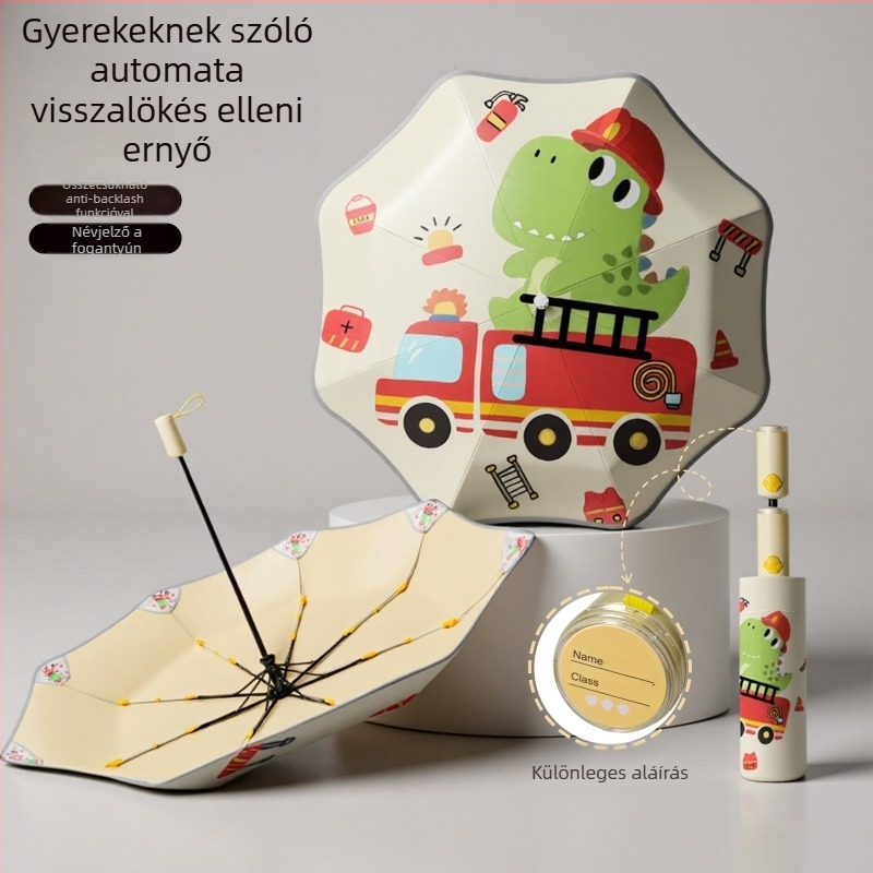 Gyermekeknek szánt esernyő, teljesen automata nyitás, 8 merevítő rúd üvegszálból, UPF50+ védelem, kupola sugara 48–53 cm, testreszabható minta