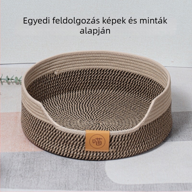 Kézzel szőtt macskafészek kaparódeszkával, rattanból készült macskapárna, nyári házikó állatoknak
