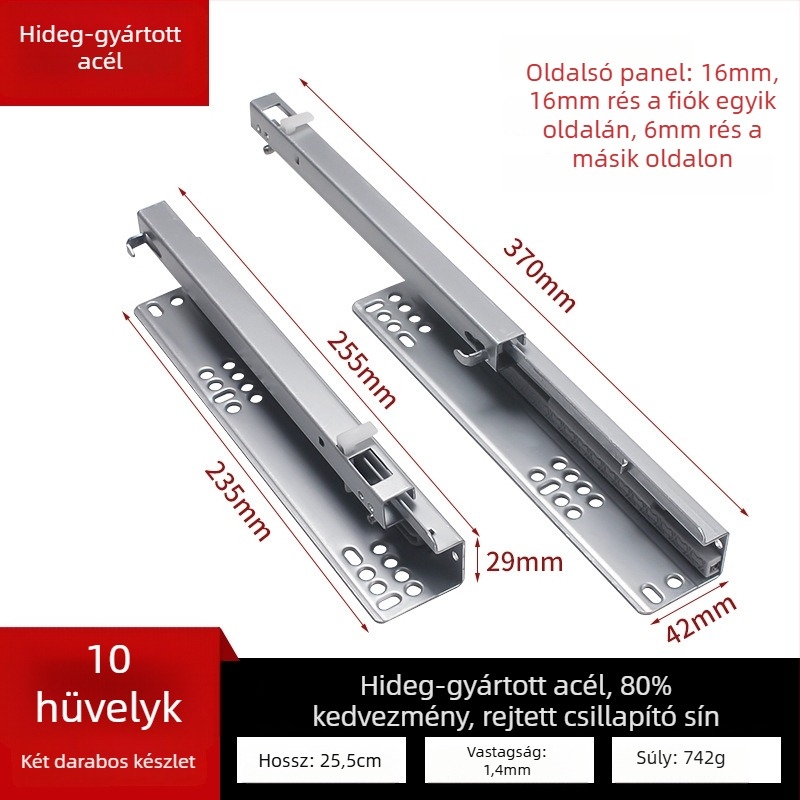 Fiókcsúszó sín csillapítóval, rejtett kétrészes modell, acél szerkezet, modern minimalista stílus