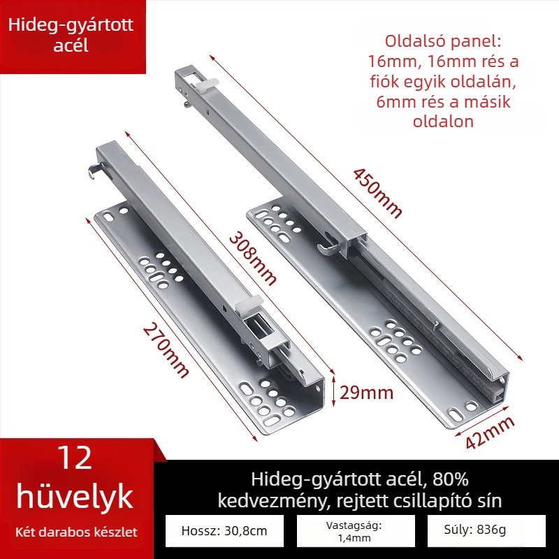 Fiókcsúszó sín csillapítóval, rejtett kétrészes modell, acél szerkezet, modern minimalista stílus