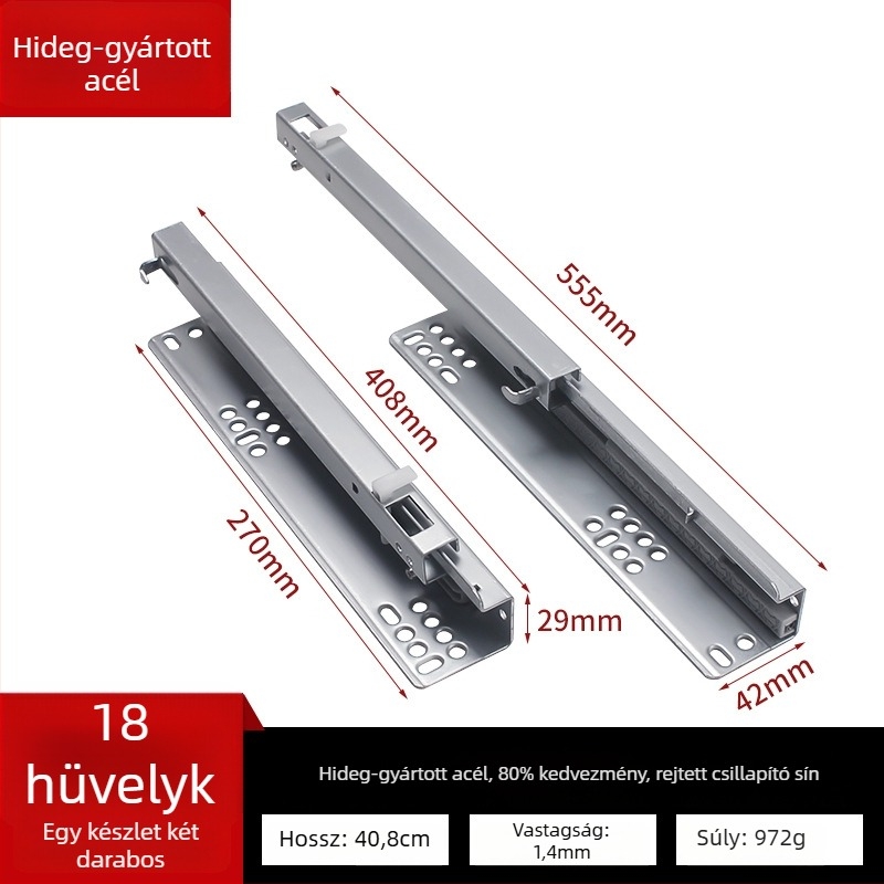 Fiókcsúszó sín csillapítóval, rejtett kétrészes modell, acél szerkezet, modern minimalista stílus
