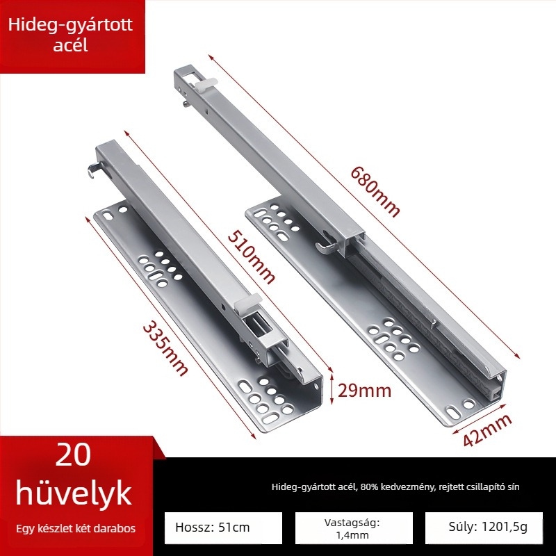 Fiókcsúszó sín csillapítóval, rejtett kétrészes modell, acél szerkezet, modern minimalista stílus