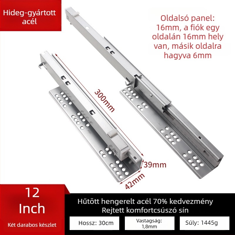 Fiókcsúszó sín csillapítóval, rejtett kétrészes modell, acél szerkezet, modern minimalista stílus