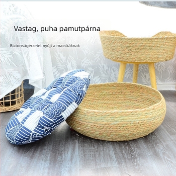 Rattan macskafészek téli melegséggel, integrált macskaágy és kaparódeszka, mosható pamut párna