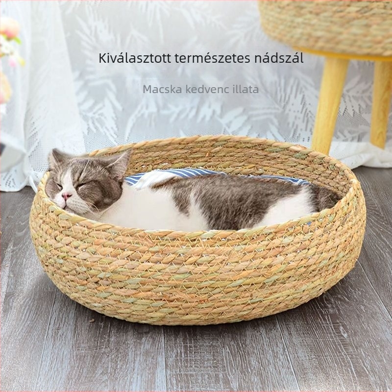 Rattan macskafészek téli melegséggel, integrált macskaágy és kaparódeszka, mosható pamut párna