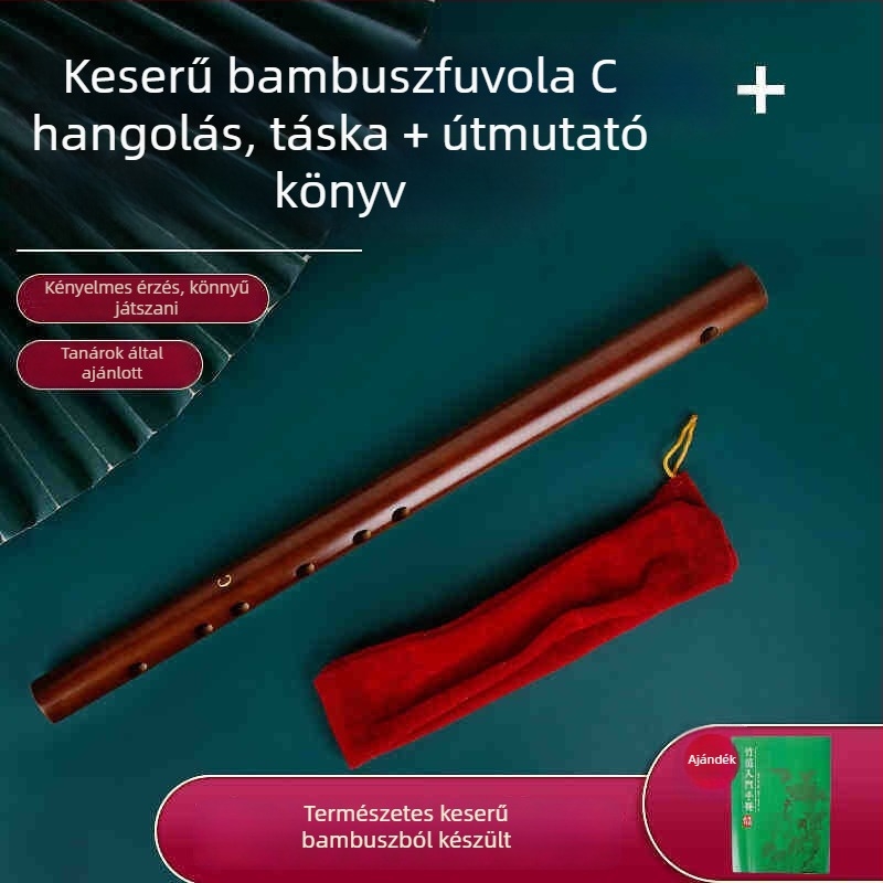 Pikolo fuvola bambuszból, modell 200, kezdőknek, flaneles táskával.
