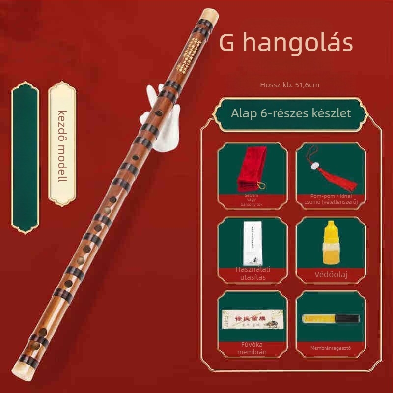 Pikolo fuvola bambuszból, modell 200, kezdőknek, flaneles táskával.