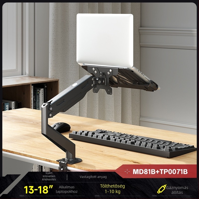 Laptop és monitor kettős képernyős állvány, tárolóval és függő tálcával — 2-in-1 magasság növelő alap, hidegen hengerelt acél, modell Tp0071