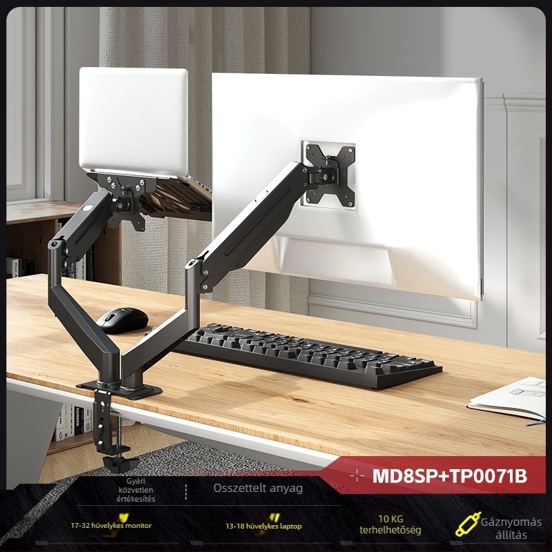 Laptop és monitor kettős képernyős állvány, tárolóval és függő tálcával — 2-in-1 magasság növelő alap, hidegen hengerelt acél, modell Tp0071