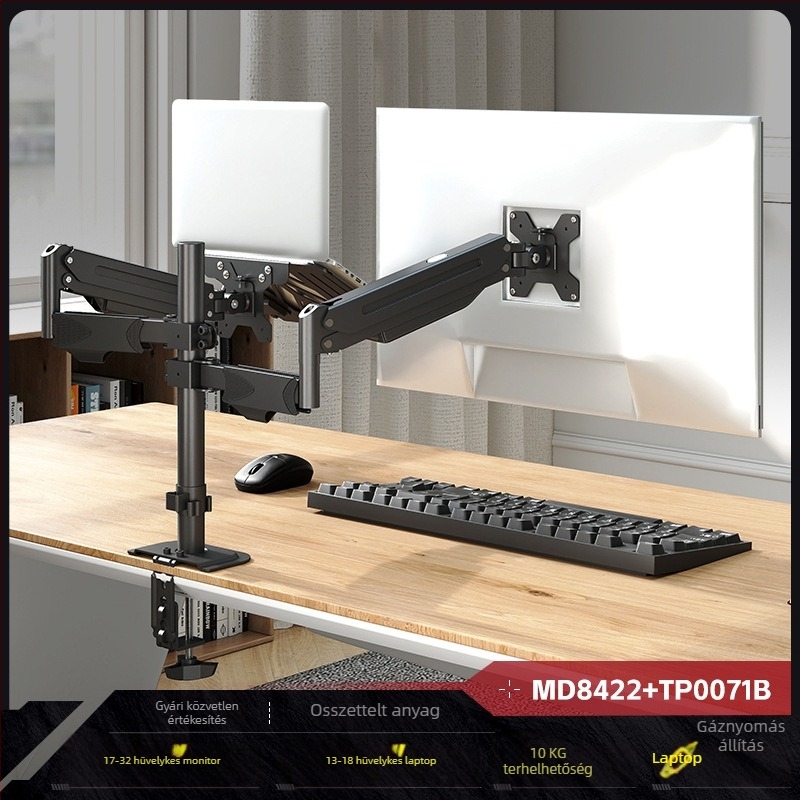 Laptop és monitor kettős képernyős állvány, tárolóval és függő tálcával — 2-in-1 magasság növelő alap, hidegen hengerelt acél, modell Tp0071