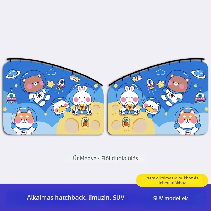 Autóablakra szóló napvédő függöny beépített csúszó sínnel; vastag, átláthatatlan poliészter; függő típus; általános illeszkedés