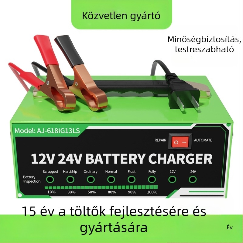 Autó akkumulátor töltő – Lead-Acid 12/24V kompatibilitás, DC 12V 8A kimenet, AC 100-240V bemenet, 618 fém ház