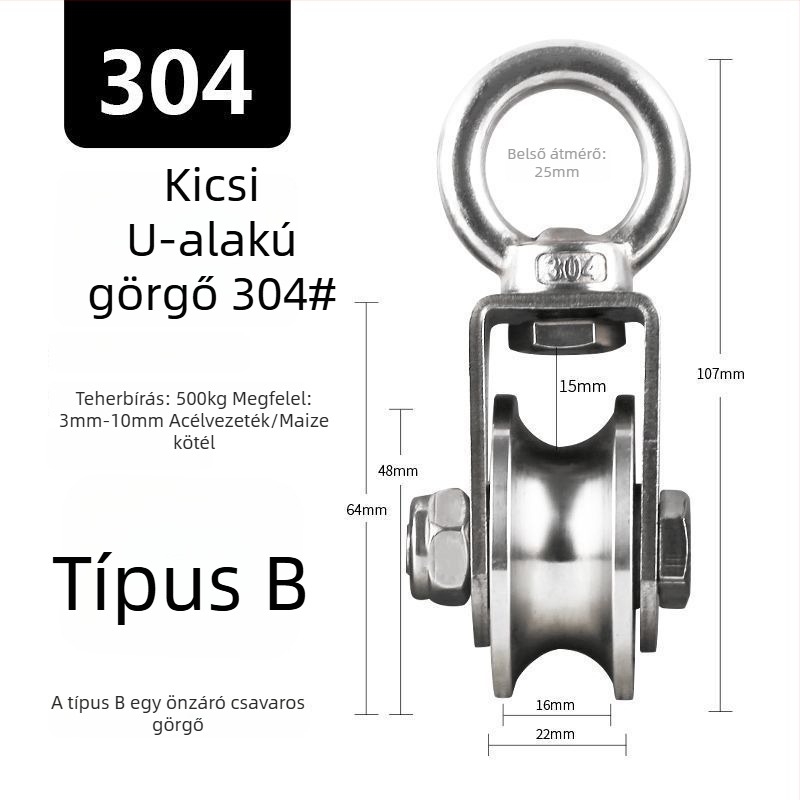 304 rozsdamentes acél fix görgő csapággyal drótos emelőhöz – egyszemélyes, nagy teherbírású