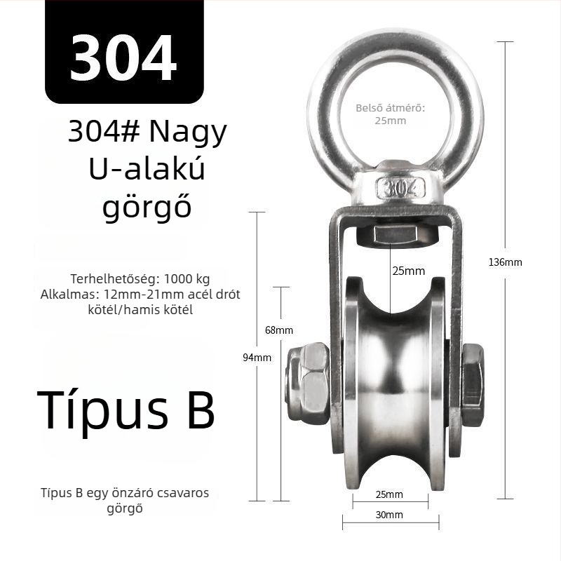 304 rozsdamentes acél fix görgő csapággyal drótos emelőhöz – egyszemélyes, nagy teherbírású
