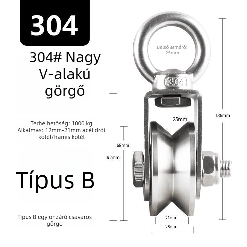304 rozsdamentes acél fix görgő csapággyal drótos emelőhöz – egyszemélyes, nagy teherbírású