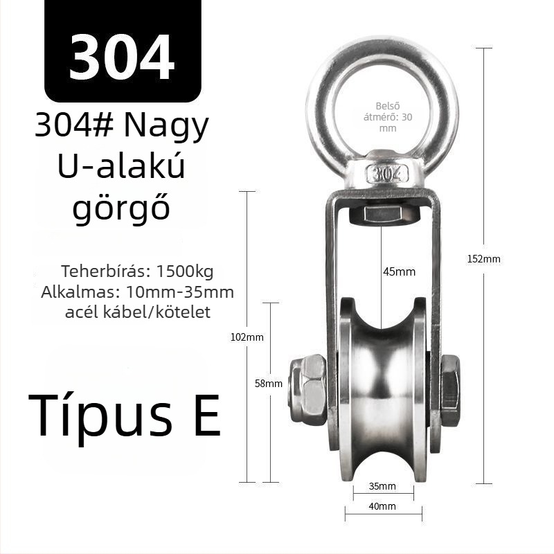 304 rozsdamentes acél fix görgő csapággyal drótos emelőhöz – egyszemélyes, nagy teherbírású