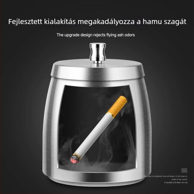 Rozsdamentes acél hamutál fedővel, kiemelt dizájn, szélálló, lézeres logó nyomtatás, testreszabható