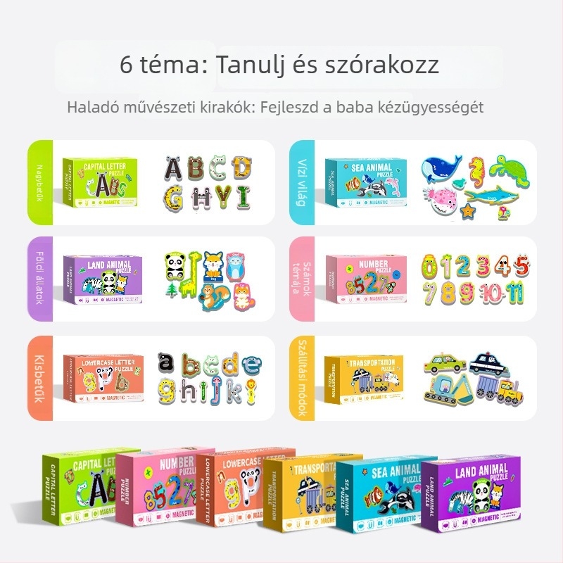 Gyerekeknek szóló mágneses puzzle – oktatási játék az ábécé és állatok témáival, papíralapú, sík puzzle, 4–6 éveseknek