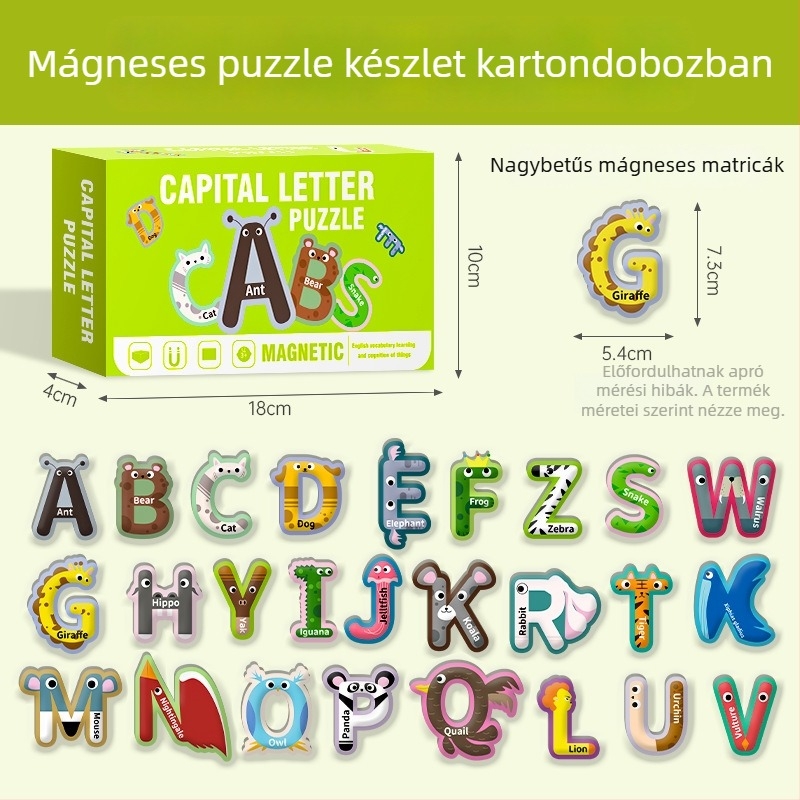 Gyerekeknek szóló mágneses puzzle – oktatási játék az ábécé és állatok témáival, papíralapú, sík puzzle, 4–6 éveseknek