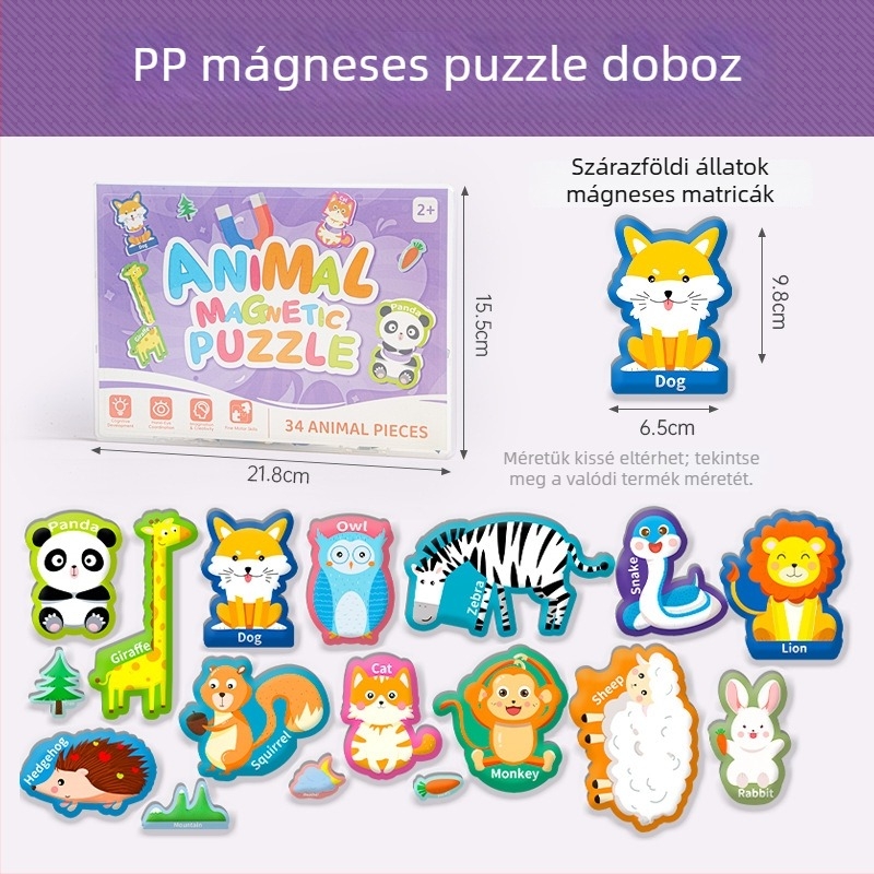 Gyerekeknek szóló mágneses puzzle – oktatási játék az ábécé és állatok témáival, papíralapú, sík puzzle, 4–6 éveseknek