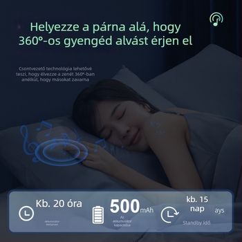 Csontvezetéses alvóhangszóró a párna alatt – Bluetooth 5.2, 2 hangszóró, 20 Hz–20 kHz, SNR ≥60 dB, IPX4