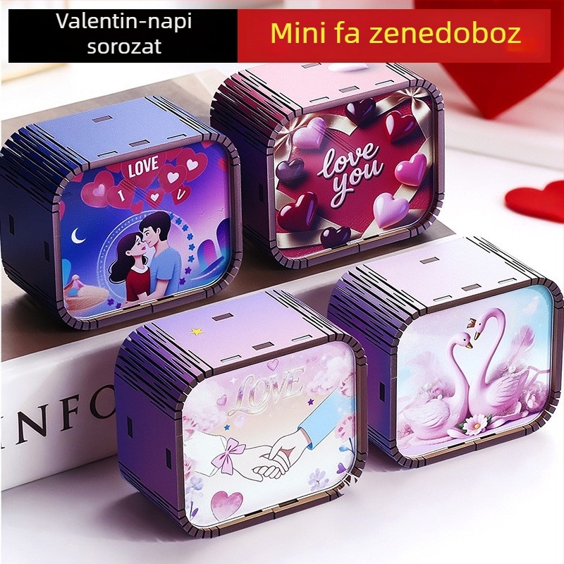 Fa mini Valentin-napi zeneműdoboz, nyolc hangú dallam, kézzel készített, modern minimalista stílus (Anyag: fa; Feldolgozás: Személyre szabott; UV nyomtatás; Logó nyomtatás: Elérhető)