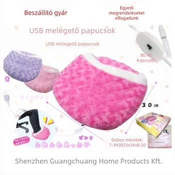 USB-üzemű melegítő papucs lábakhoz — velúr felső rész, talp textil + szivacs, uniszex, sarok köré tekerhető dizájn, lábmelegítés